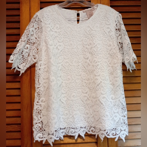 Philosophy Tops - Philosophy Women's White Lace Lined, Short Sleeve Blouse Size L Top